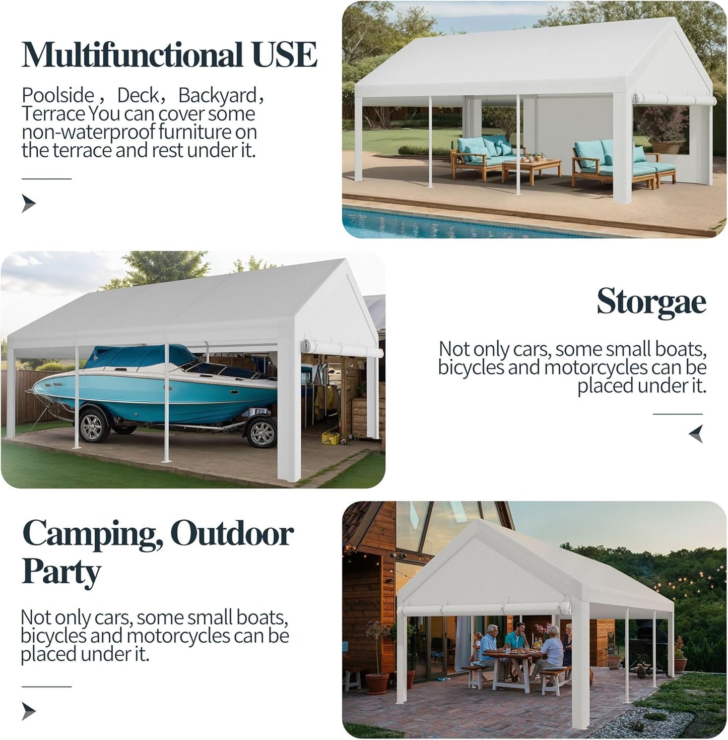 Shintenchi Carport 12' x 20' Heavy Duty Portable Garage, Car Port Canopy with Side-Opening Removable Door & Roll-Up Windows, Car Canopy for Truck,Car,Boat,Motorcycle,White