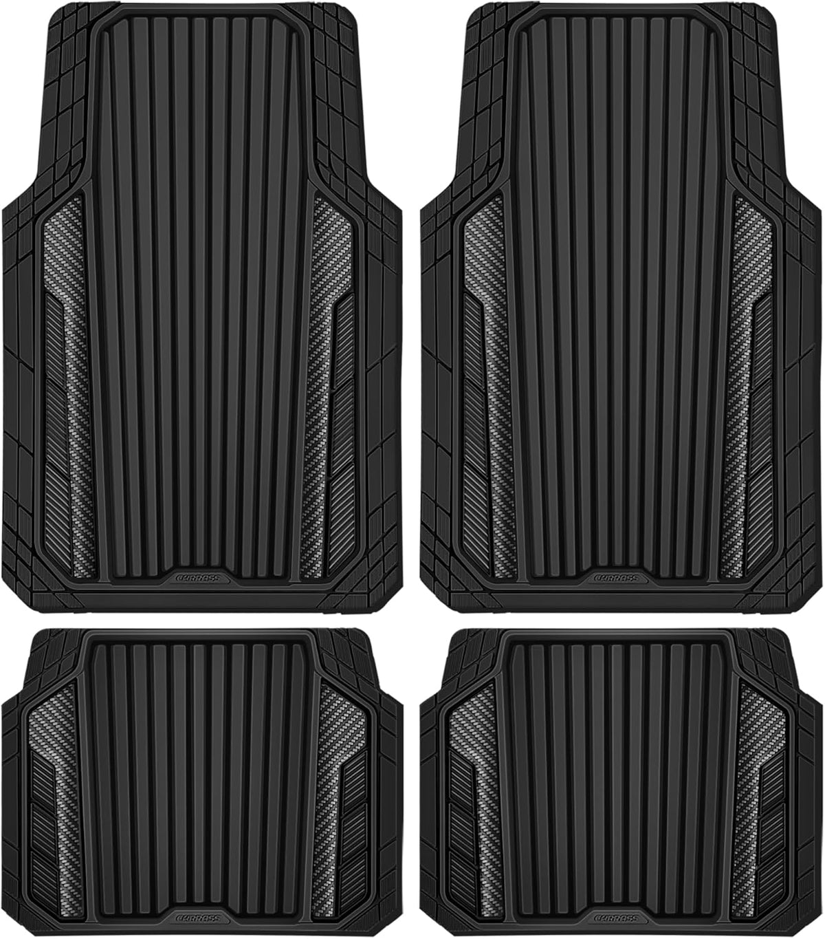 CAR PASS Heavy Duty Rubber Car Mats Metallic,Aluminum Film All Weather Floor Mats Waterproof Universal Trim to Fit SUVs Sedans Vans 4 Piece Anodized Deep Dish Two-Tone Sporty Carbon Fiber Black Chrome