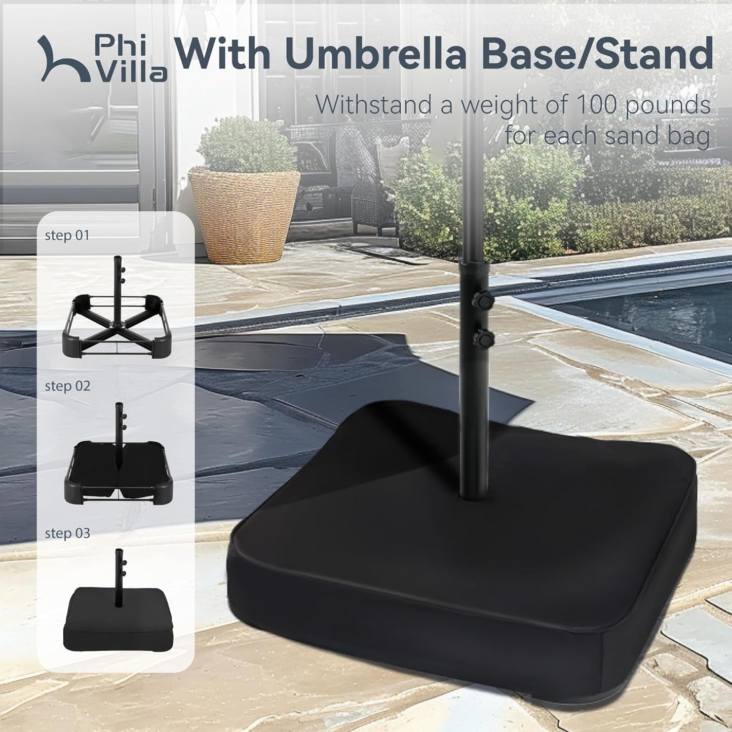 PHI VILLA 15ft Large Patio Umbrellas with Base, Outdoor Double-Sided Rectangle Market Umbrella for Pool Lawn Garden, Maillard Brown