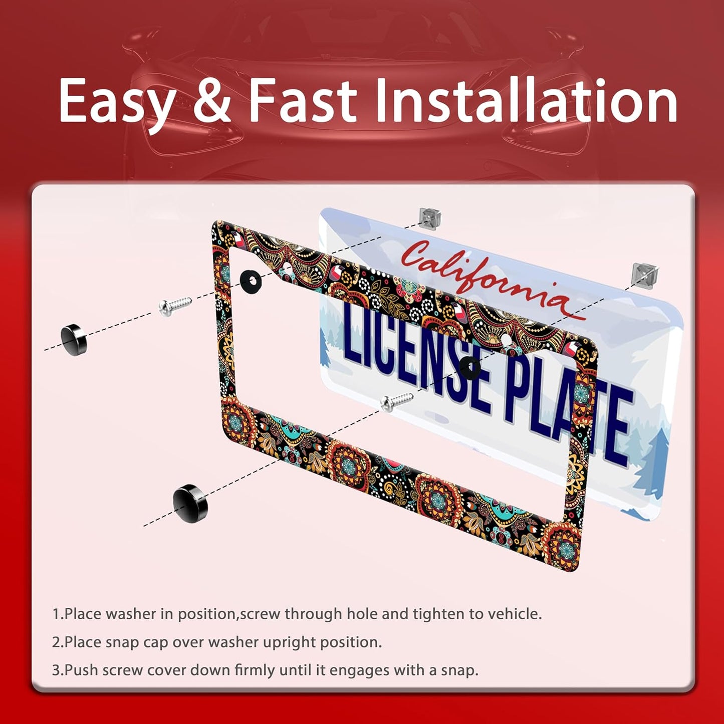 Personalized License Plate Frame Stainless Steel Floral Print Funny Boho Flower Car License Plate Holder Accessory Decorative 2 Holes Screws Fits Us Standard License Plates 12.2 X 6.3 In For Men Women