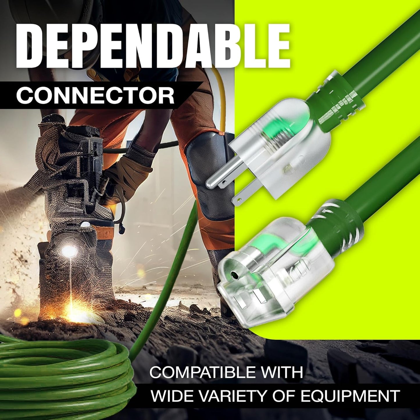 50ft Outdoor/Indoor Extension Cord 12/3 Gauge Extra Heavy Duty 3 Prong SJTW, Waterproof, Flexible Cold-Resistant Long Power Cord,15A 125V 1875W, Green by LifeSupplyUSA