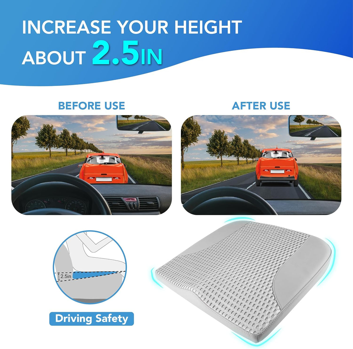 Car Seat Cushion, Comfortable Memory Foam Seat Pillow for Driving, Sciatica-Back Pain Relief, Cushion for Car-Truck, Office, Wheelchair - Gray