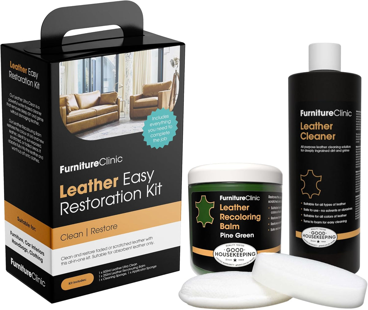 Furniture Clinic Leather Easy Restoration Kit | with Leather Recoloring Balm, Cleaner, Sponge, and Cloth | Leather Repair Kit for Scratched and Faded Furniture (Pine Green)