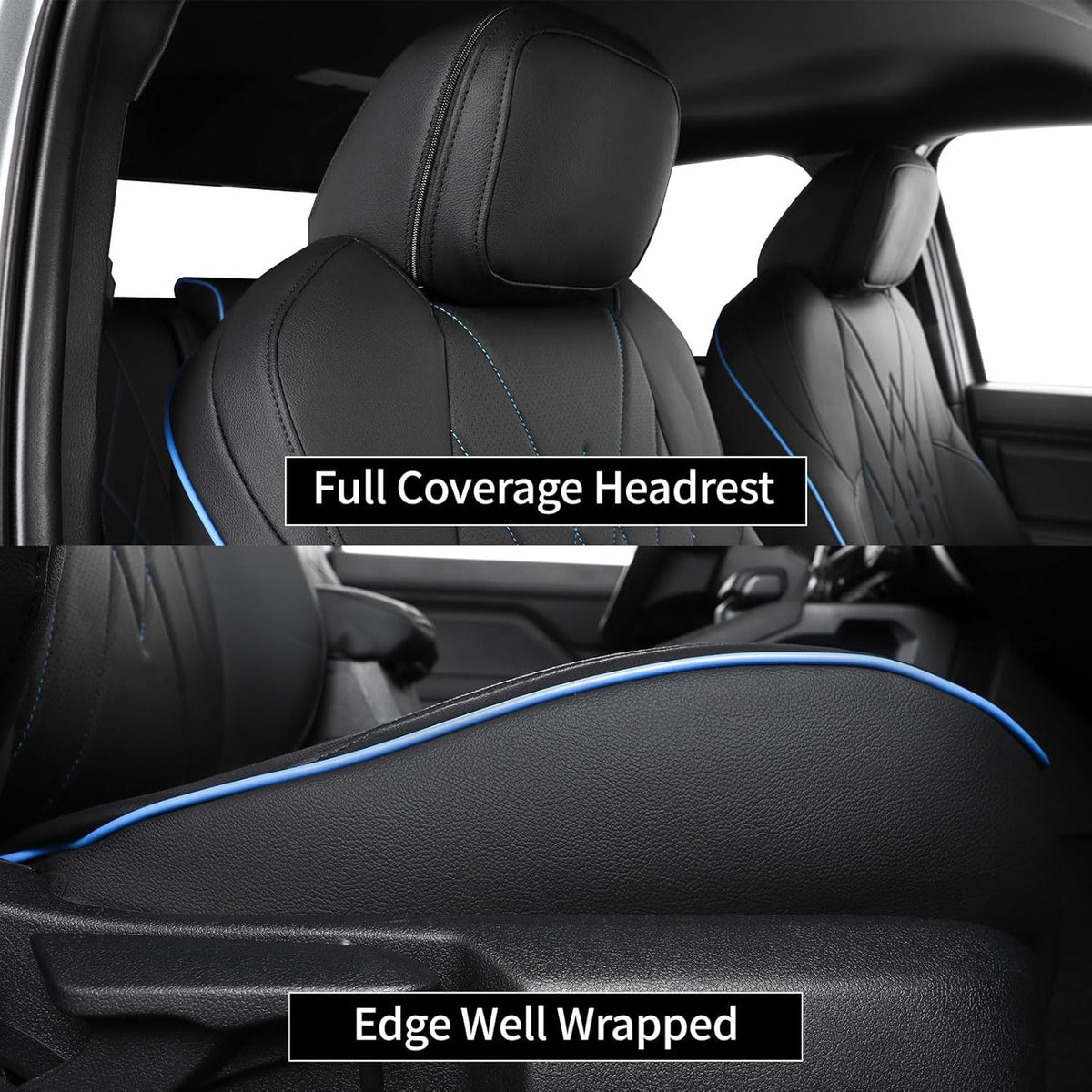 EKR Custom Fit Tacoma Car Seat Covers for Select Toyota Tacoma (Petrol) 2024 2025 Double cab SR,SR5,TRD Sport,TRD Off-Road,Limited -Full Set,Leather (Black with Blue Trim)