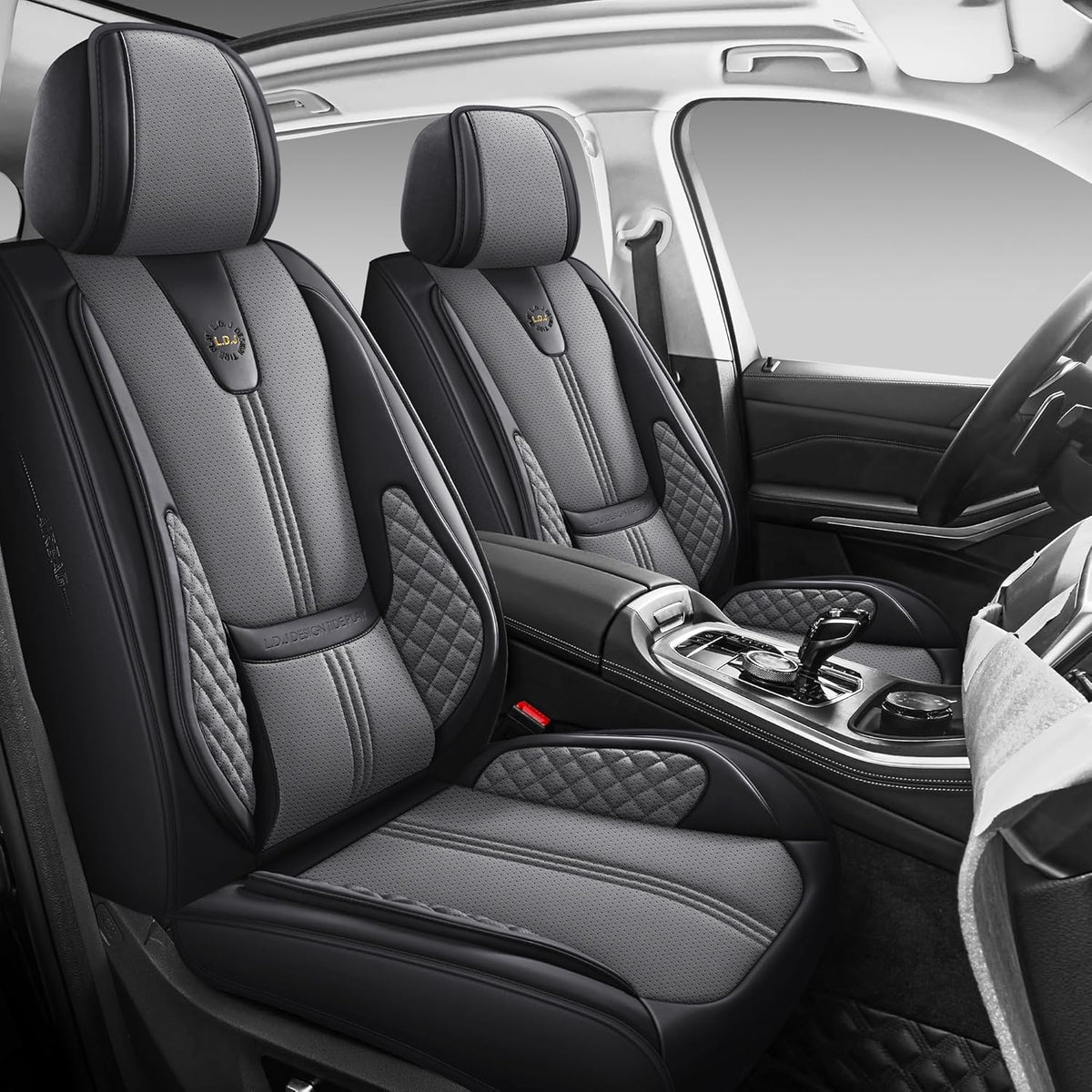 Car Seat Covers Front Only, Black Seat Cover for Cars Compatible Airbag, Easy Install Luxury Leather Automotive Seat Covers with Lumbar Support, for Car, Truck, SUV, Grey