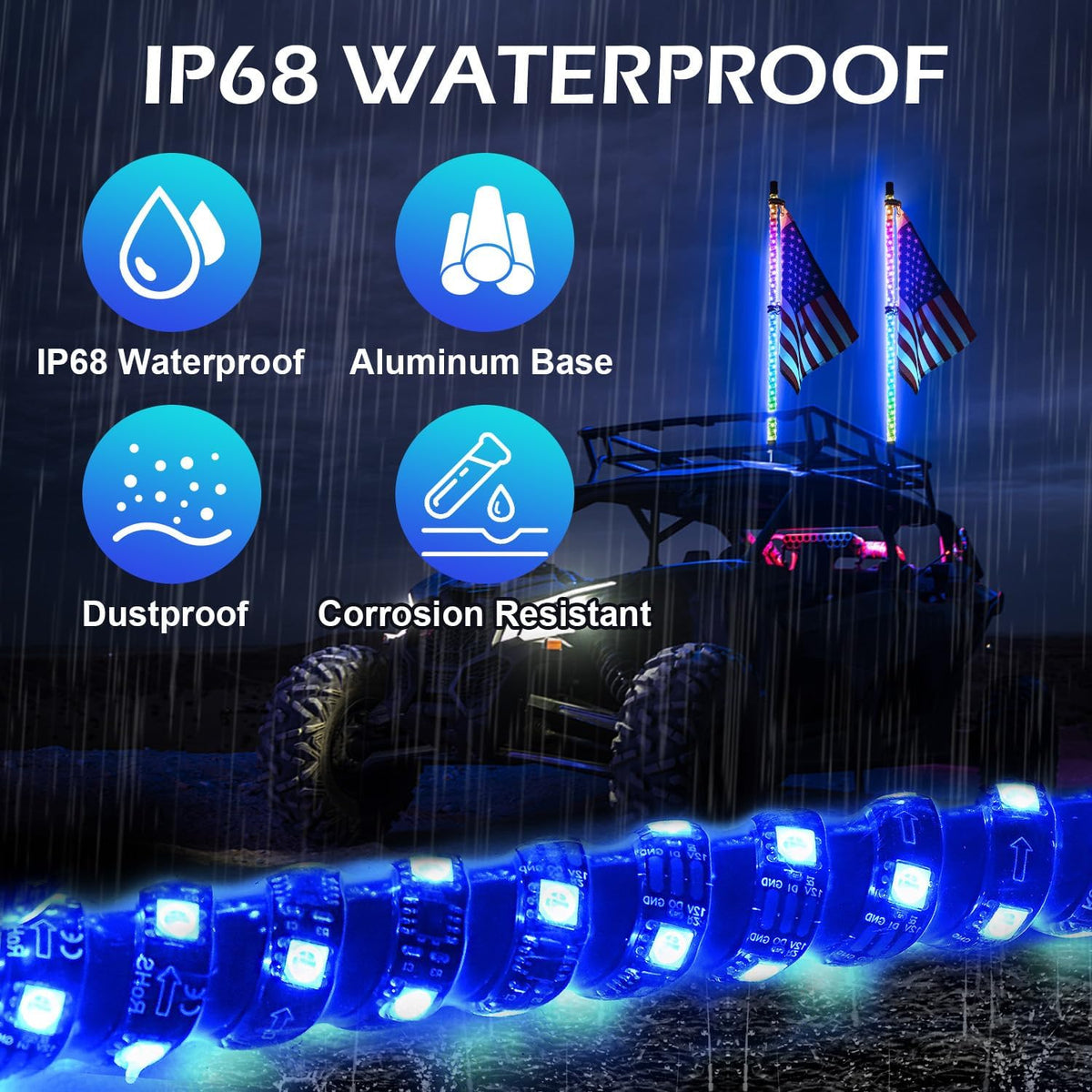 2PCS 3FT RGB LED Whip Light with Spring Base Remote App Control w/DIY Chasing Patterns Turn Signal & Brake Lights for ATV, UTV, Polaris, RZR, Can-am