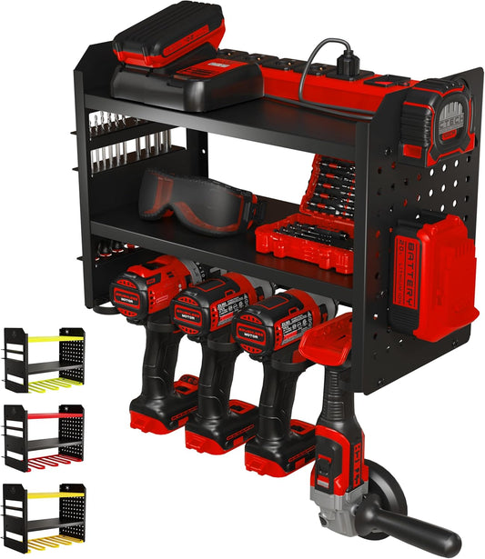 Power Tool Organizer Wall Mount - 3-Tier Heavy-Duty Metal Hand Tool Storage Rack, Utility Racks, Drill Holder, PegBoard Side, & More - Garage Storage Cordless Tool Organizer (Black)