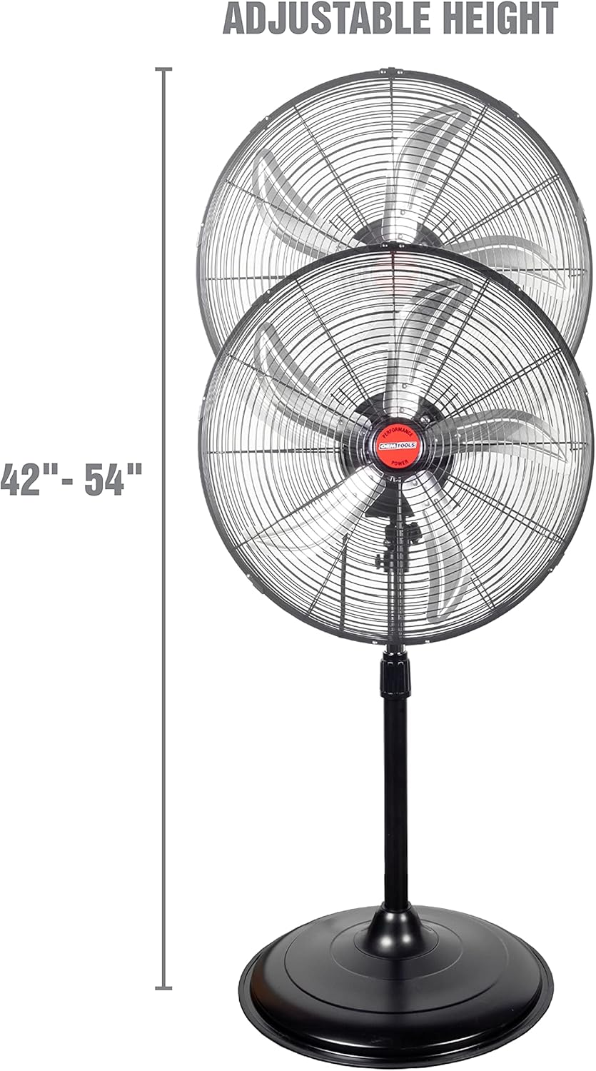 OEMTOOLS OEM24871 20" Oscillating Pedestal Fan, Adjustable Height for Garage, Shop, Gym, Warehouse 4500 CFM Airflow, 3-Speed Enclosed Motor, 5 Aluminum Blades, Dust-Resistant Industrial Purpose