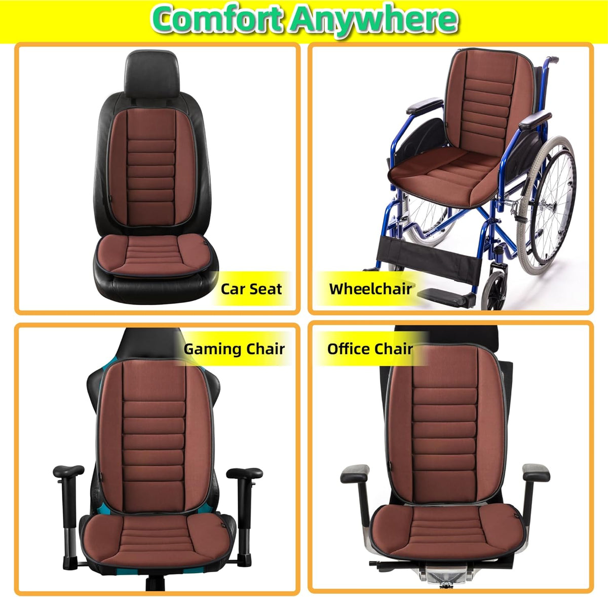 kingphenix Car Seat Cushion with Back Support Pillow: Enhanced Comfort Memory Foam Design for Pain Relief, Ideal for Drivers and Office Use - Ergonomic Lumbar Comfort for Long Sitting - Brown
