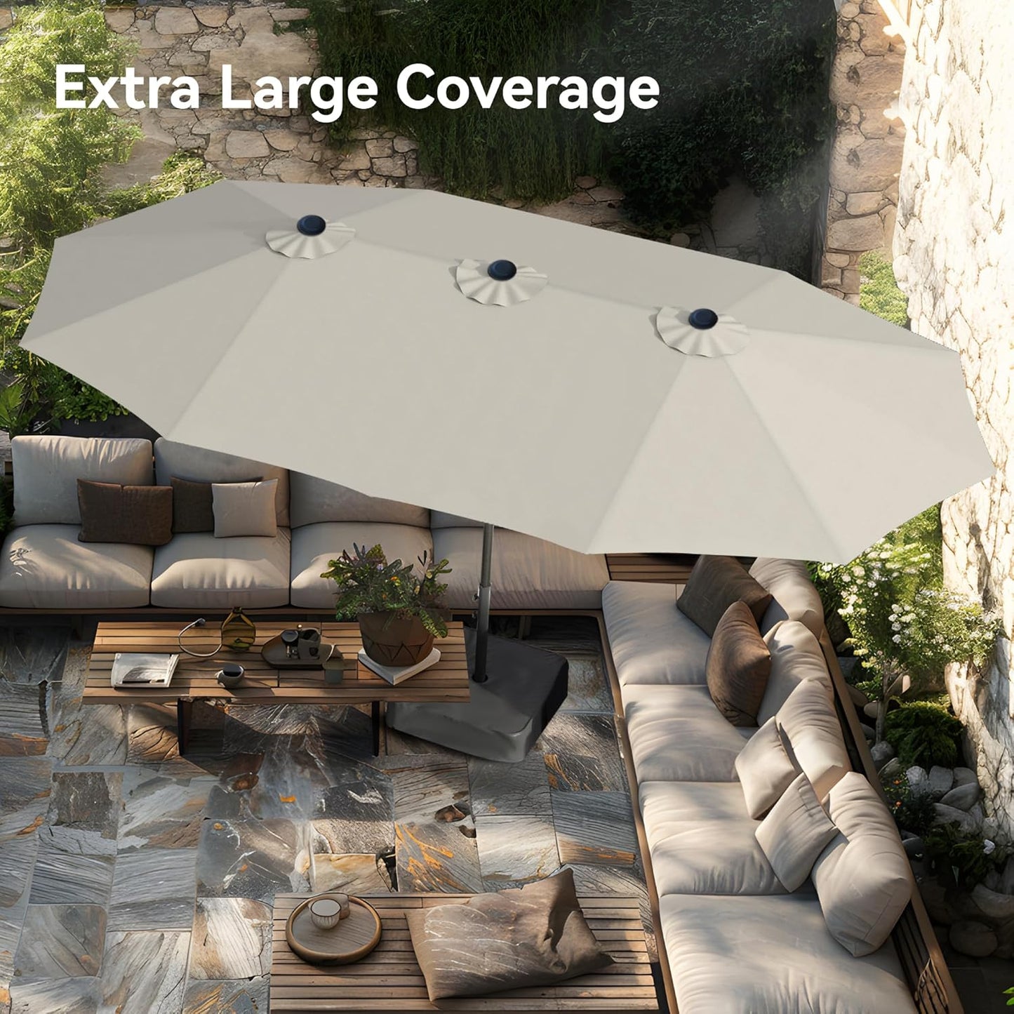 PHI VILLA 15ft Large Patio Umbrellas with Base Included, Outdoor Double-Sided Rectangle Market Umbrella with Stand, Outside Umbrellas for Poolside Lawn Backyard, Ivory