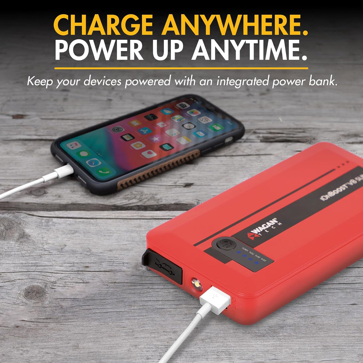 Wagan EL7601 iOnBoost V8 Slim Jump Starter 1200A Peak 12V Portable Lithium Car Battery Booster for Up to 4.0L V8 Gas or 2.0L Diesel 12V Jump Pack with USB Power Bank and LED Light