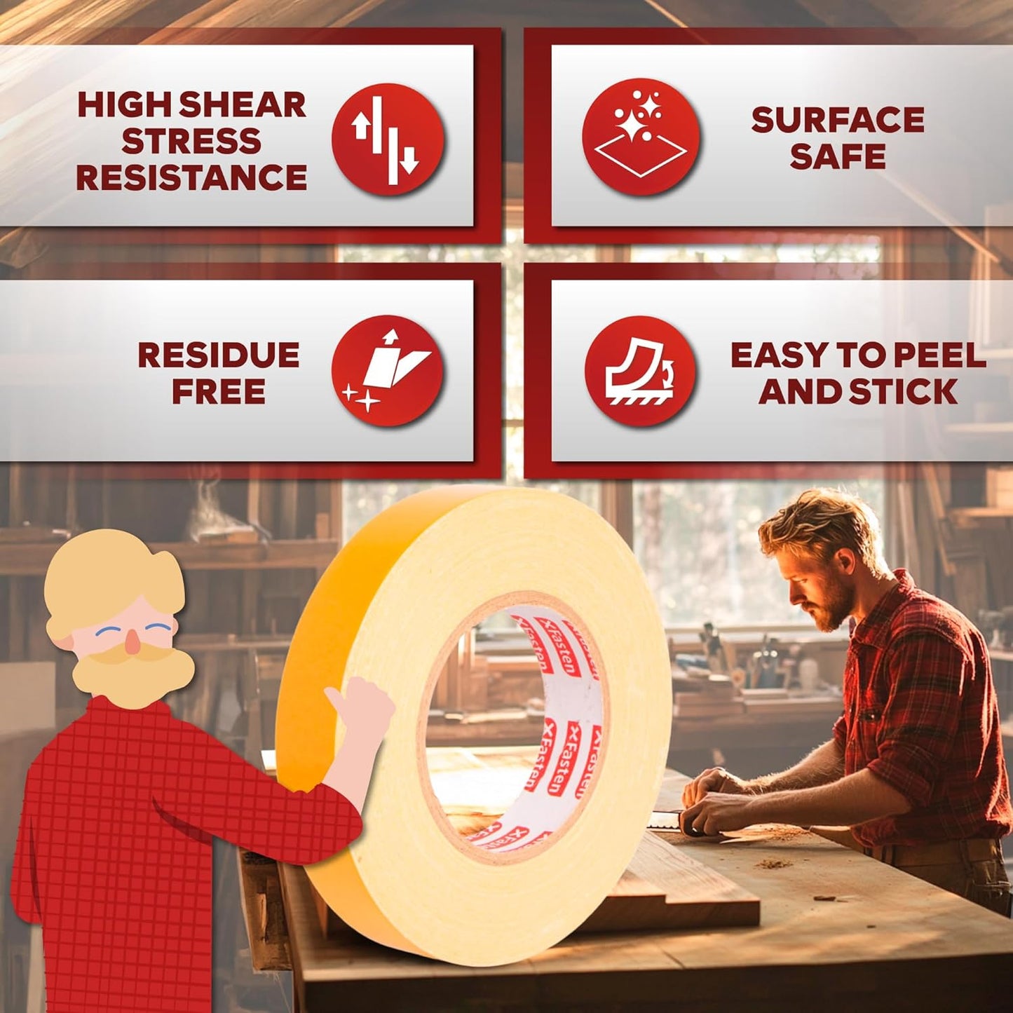 XFasten Double Sided Woodworking Tape 4 Inches x 90 Feet, Residue-Free and Removable Double Sided Wood Mounting Boards, Masking Tape for Wood Template, MDF, Metal, Edge Banding, Routing, Anchoring