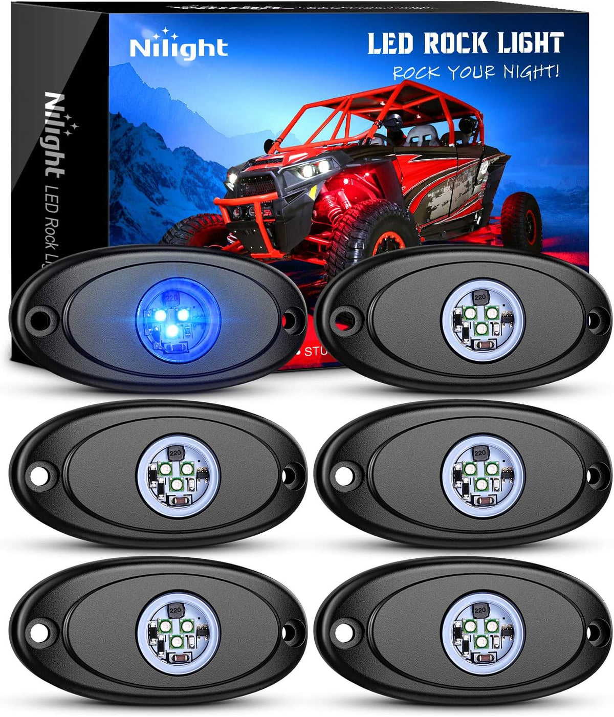 Nilight LED Rock Light Pods Waterproof Under Body Wheel Well Light Exterior Interior Lights for Car Truck Pickups ATV UTV SUV Motorcycle Boat, 6PCS Blue