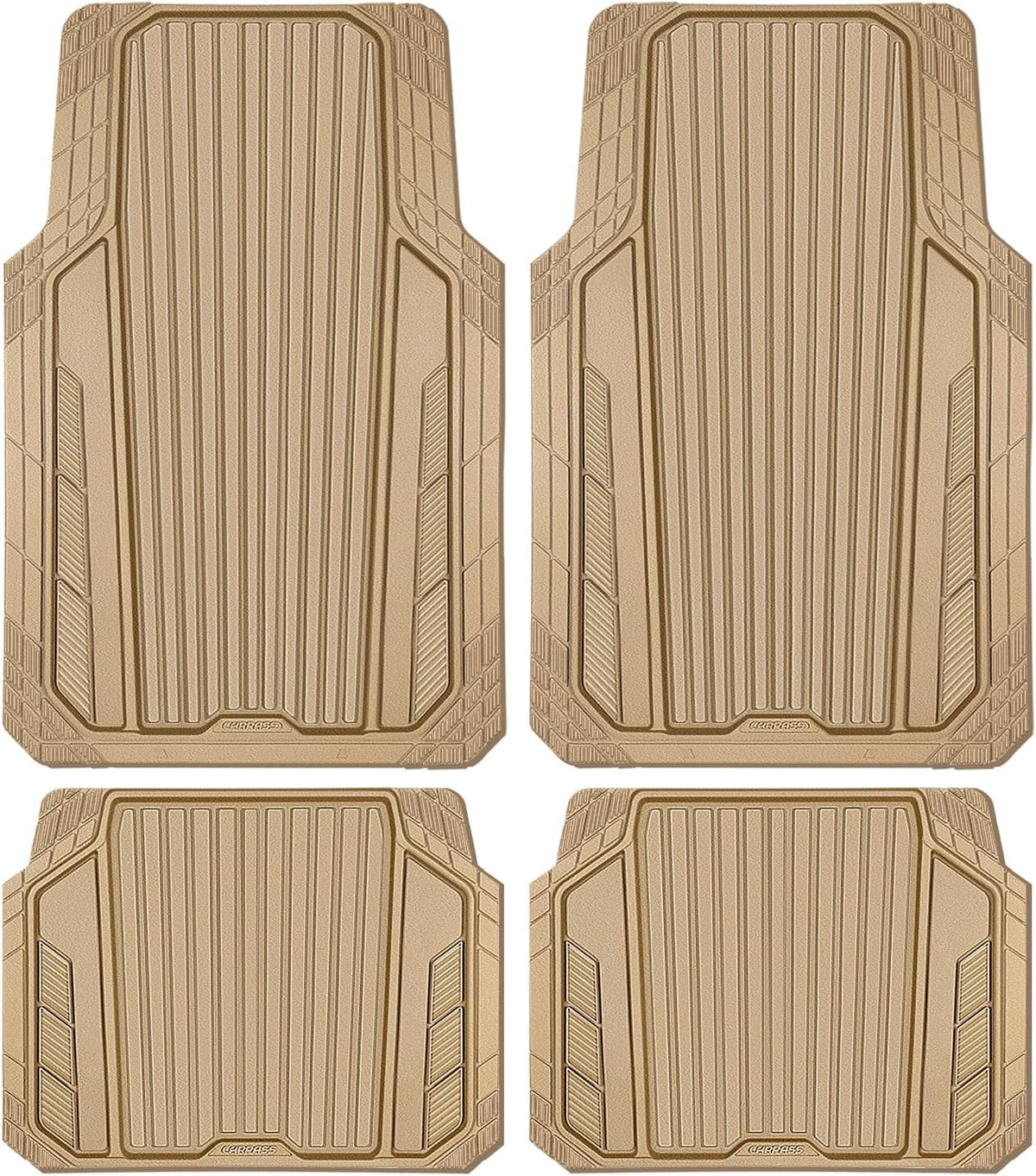 CAR PASS Heavy Duty Sporty Rubber Car Mats, Deep Dish All Weather Car Floor Mats Full Set, Waterproof Anti-Slip Automotive Matts Rugs Trim to Fit for Most Sedans SUVs, 4-Piece All Beige