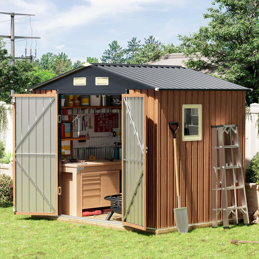 8x6 Ft Storage Shed, Large Outdoor Shed with Floor Base, Window, Lockable Doors, Outside Steel Shed for Garden, Backyard, Lawn, Patio Utility, Tool Storage