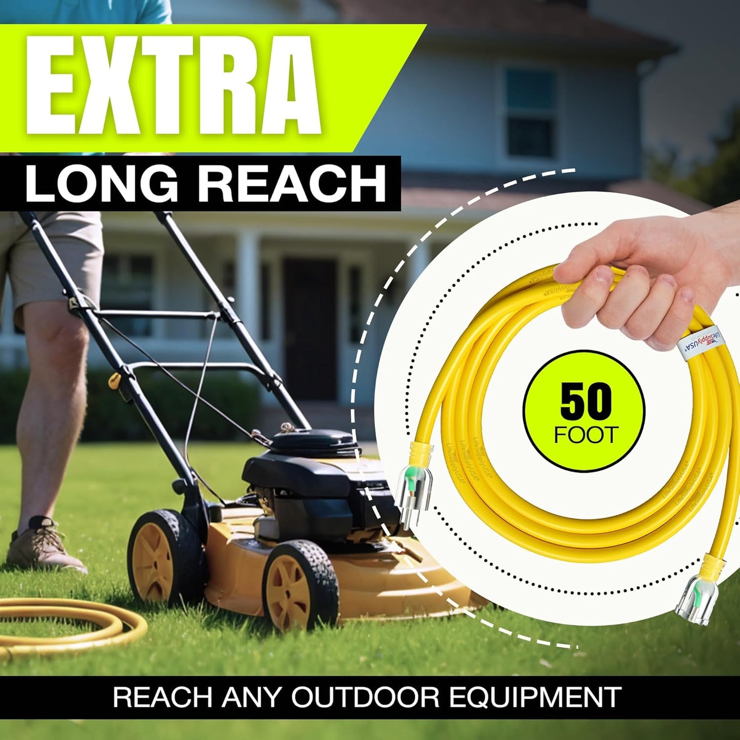 50ft Outdoor/Indoor Extension Cord 16/3 Gauge Heavy Duty 3 Prong SJTW, Waterproof, Flexible Cold-Resistant Long Power Cord,13A 125V 1625W, Yellow by LifeSupplyUSA