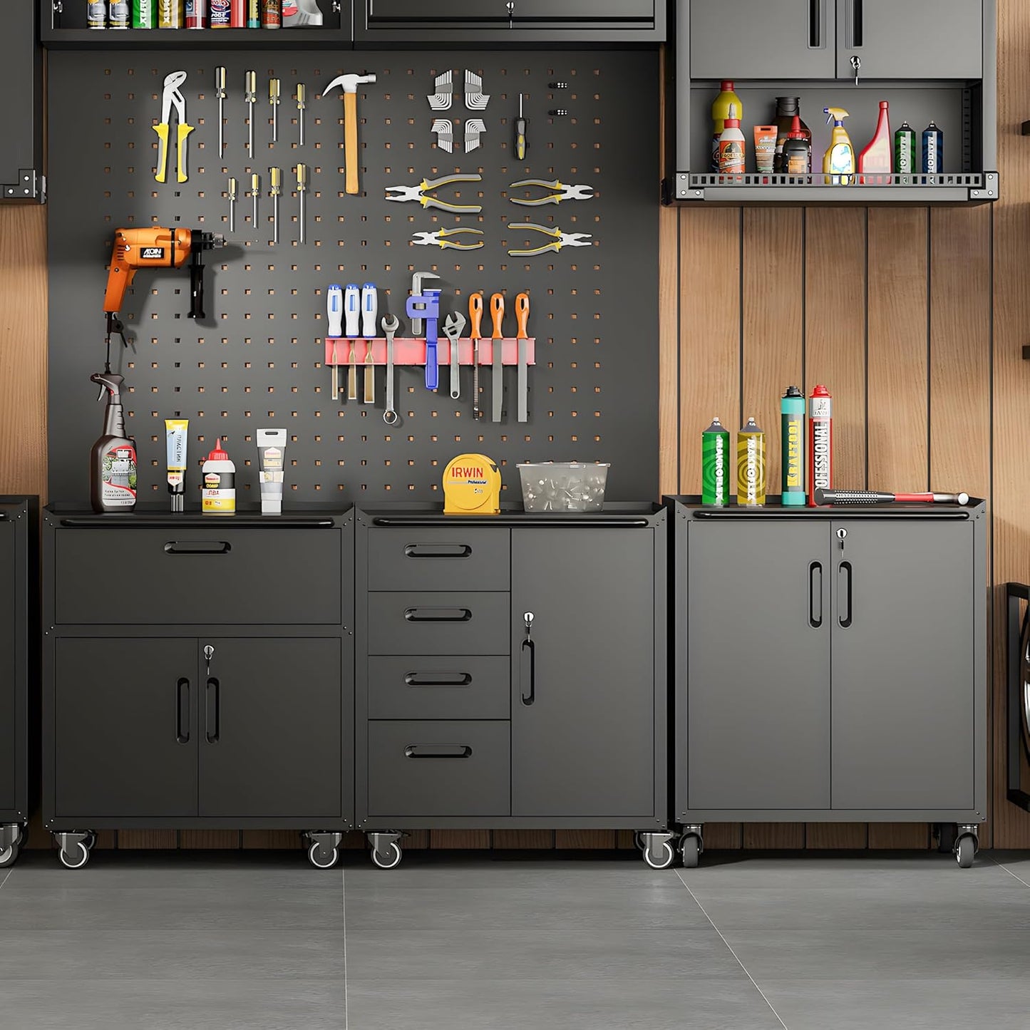 Metal Tool Cabinet,Garage Storage Cabinet System,Wall Cabinet & Locking Rolling Tool Cabinet with Doors and Adjustable Shelves,Steel Tool Cabinets for Home,Office (2 Pcs-StyleF, Black)