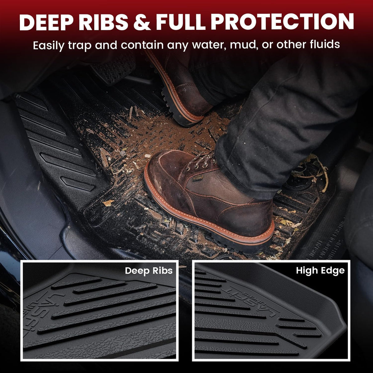 LASFIT Floor Mats and Trunk Mat for Ford Mustang 2015-2025 (Cargo w/o Subwoofer Box) All Weather Protector TPE Car Floor Liners, 1st & 2nd Row & Cargo Liner, 5pcs Black