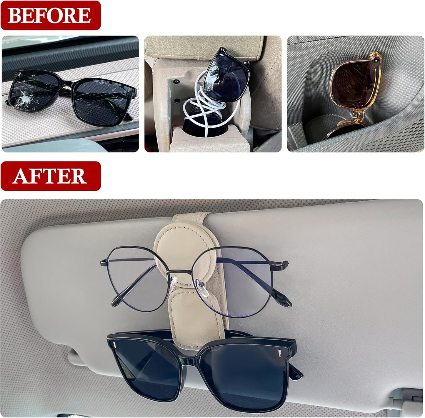 KIWEN 2 Pack Sunglasses Holder for Car Visor, Magnetic Leather Sunglass Eyeglass Hanger Clip for Car Sun Visor Accessories (2, Beige)