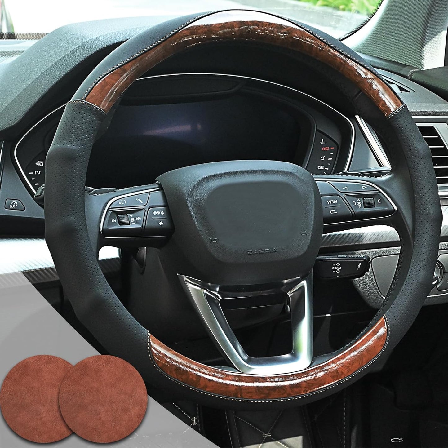 Wood Grain Steering Wheel Cover Car Steering Wheel Covers 14.5-15 inch with Coasters Microfiber Leather Splicing Breathable Anti-Slip Durable Universal Auto Steering Wheel Protective