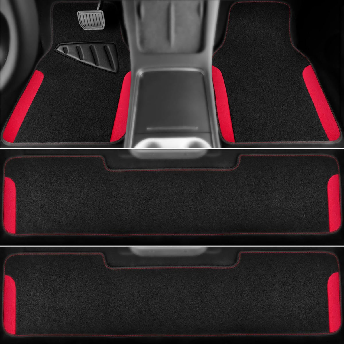 CAR PASS Waterproof Universal Faux Leather 3Row Car Floor Mats, Red Car Mats Fit for SUV,Vans,sedans, Trucks,Set of Vehicles Car Carpet with Driver Heel Pad and Anti-Slip Nibs Backing (Red 3Row)