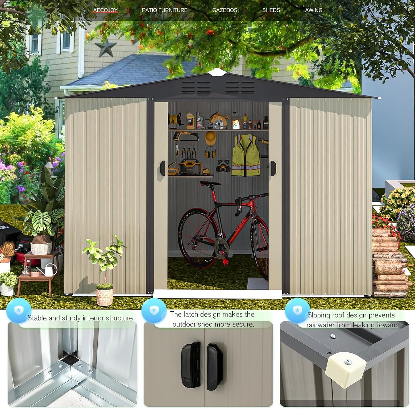 AECOJOY 8 x 6 Ft Shed, Outdoor Storage Tool Shed (Sliding Door), Metal Garden Shed for Yard, Outdoor Storage Clearance in Grey