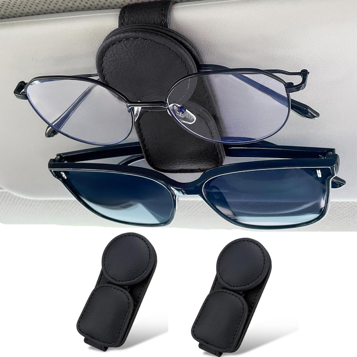 KIWEN 2 Pack Sunglasses Holder for Car Visor, Magnetic Leather Sunglass Eyeglass Hanger Clip for Car Sun Visor Accessories (2, Black)