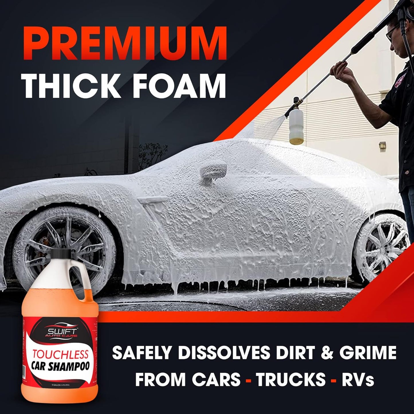 Swift Touchless Car Wash Shampoo (4 Gallon) - No Brushing Required, High Foaming Car Soap, Heavy Duty, Auto Detergent for Foam Cannon, Works on Cars, Trucks, RVs, Motorcycles, Upholstery & More!