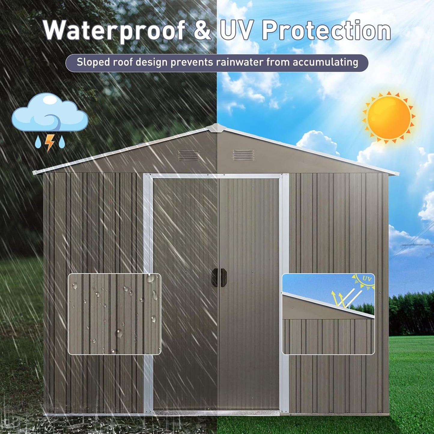 8x10 FT Outdoor Storage Shed, Metal Garden Shed with Frame Floor, Outside Tool Shed with Window, Waterproof Storage Building with Lockable Sliding Doors & Sloped Roof for Backyard, Patio, Warm Gray