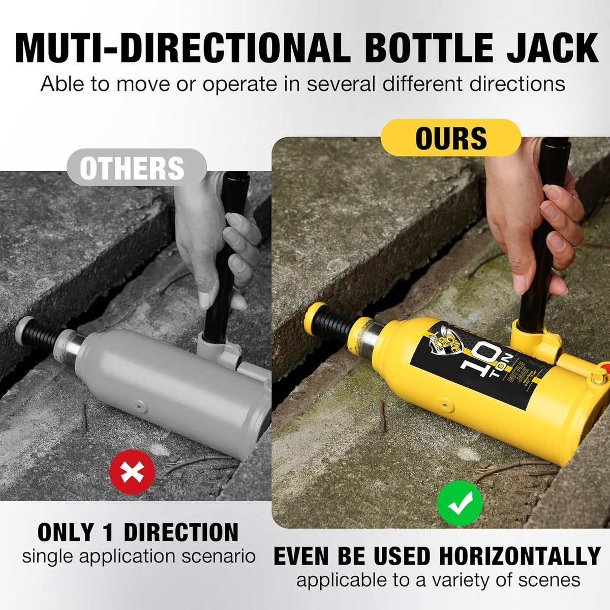 YELLOW JACKET 10 Ton Muti-Directional Welded Bottle Jack (20,000lb), Horizontal Bottle Jacks Use for Car, Pickup, Truck, RV, Auto Repair, Hydraulic Bottle Jack, Yellow