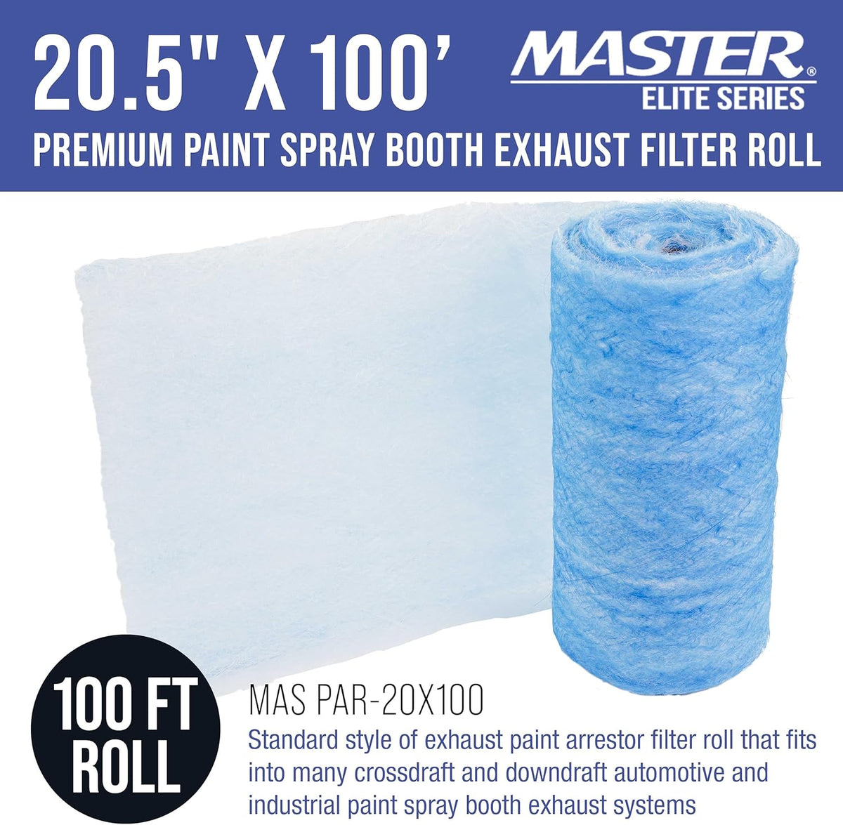 Master Elite Premium Paint Spray Booth Exhaust Filter Roll, 20.5" x 100' - 18 Gram Heavy-Duty Fiberglass Paint Arrestor - Captures Traps Overspray Paint Particles in Auto Car Autobody Refinish Booths