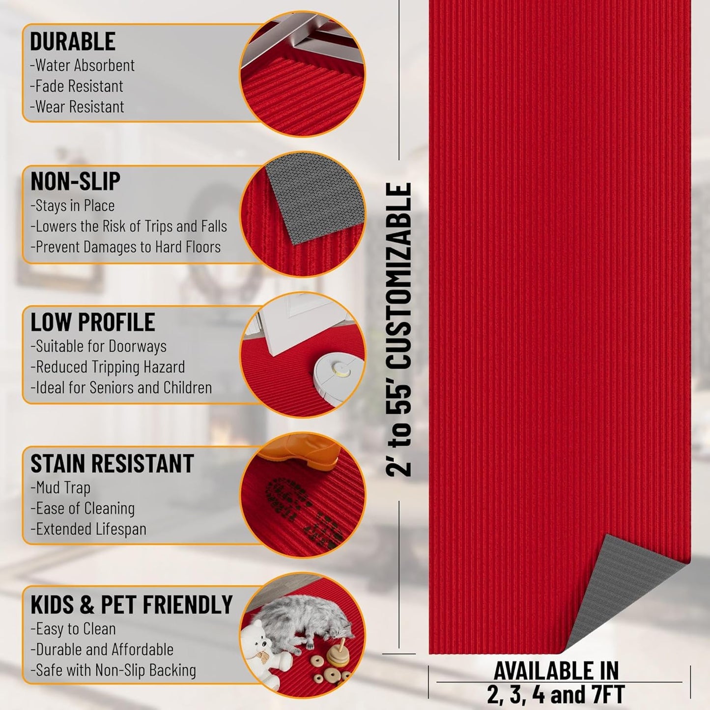 Ottomanson 2' x 50' Hallway Runner with Scraper Pile - Extra Durable Non-Slip Rug Mat for Indoor & Outdoor Use - Ideal for Kitchen, Entryway, Patio & Garage - High-Traffic Carpet, Red