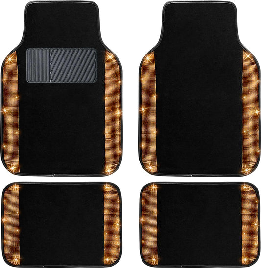 NBTEPEM Bling Car Floor Mats Full Set, Universal Fit Most Cars,SUV, Trucks, 4 pcs Sparkle Glitter Diamond Carpet for Women Girls with Anti-Slip Pad (Orange Diamond)