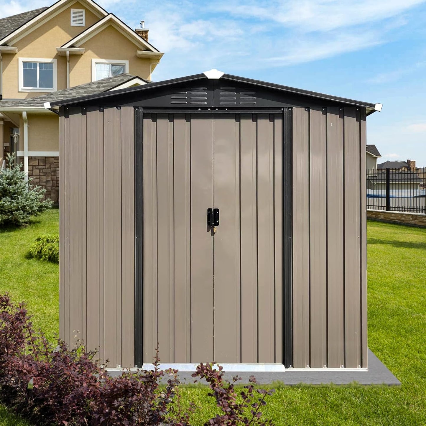 4 x 6 FT Metal Garden Shed, Outdoor Storage Shed with Sliding Doors, Rust-Resistant Steel Construction for Tools, Hobbies & Workshop Use, Brown