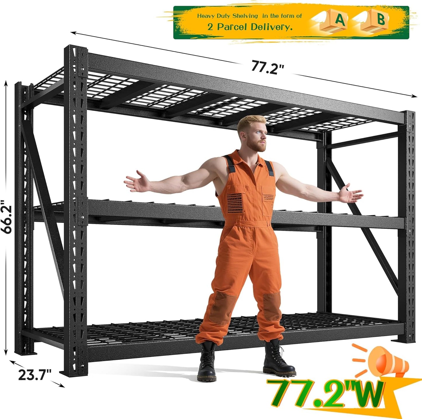 Bepatio 77" W Garage Shelving Storage Shelves, 3 Tier Metal Shelving Unit Heavy Duty for Storage, Adjustable Black Shelves for Commercial, Industrials, Garage, Basement, 77.2" W*23.7" D*66.2”H