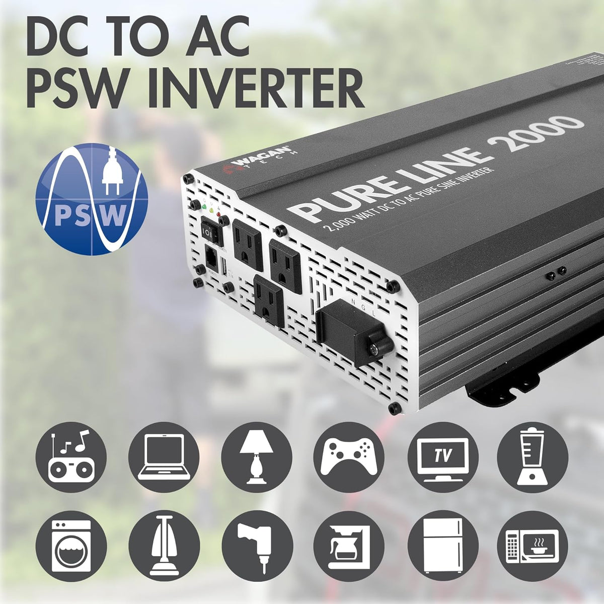 Wagan EL3808 Pure Line Power Inverter 2000 Watt DC 12V to 110V AC Car Pure Sine Wave Power Inverter for Home RV Camping Van Life Off Grid ETL Certified