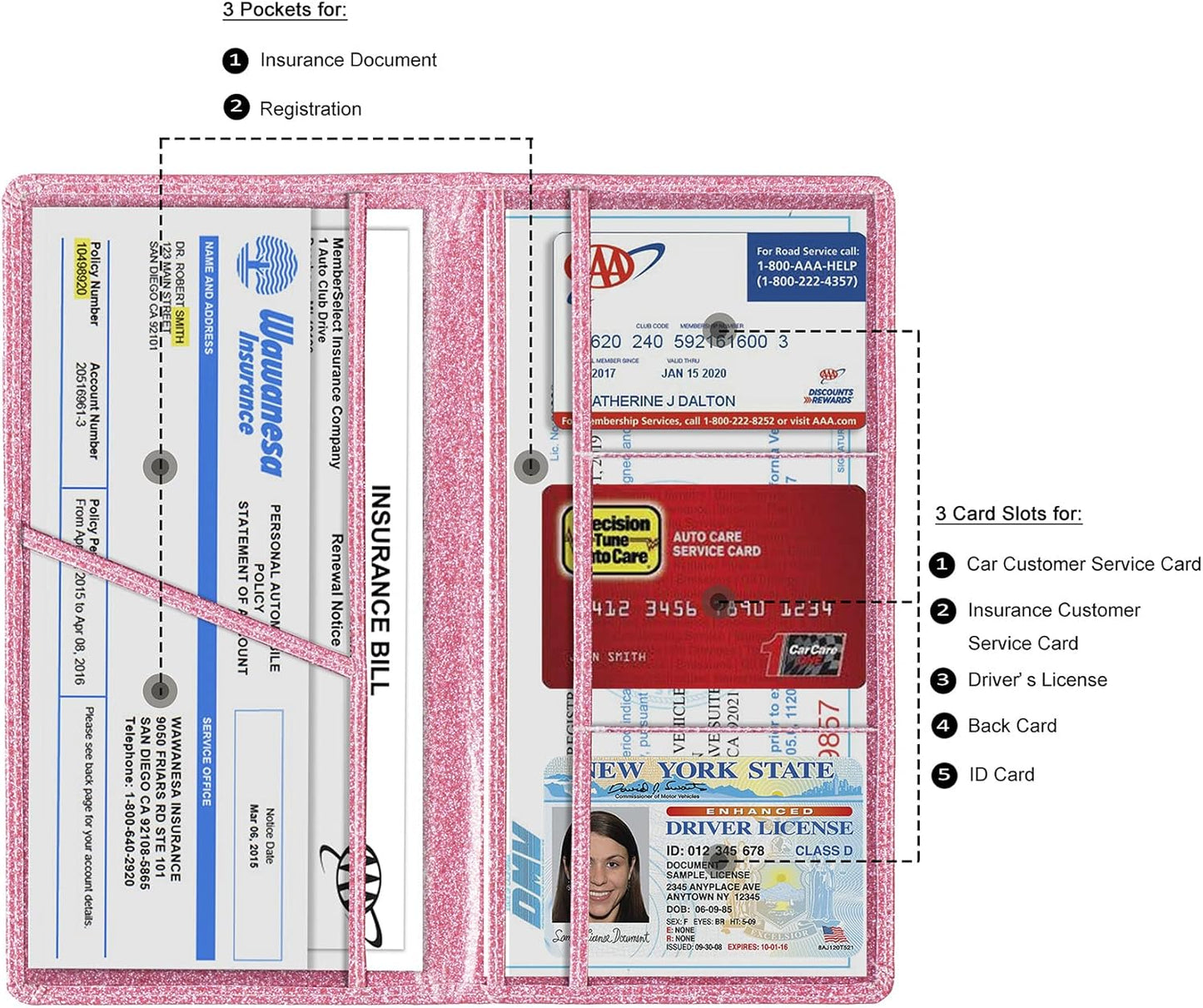TOURSUIT Car Registration and Insurance Card Holder, Vehicle License Document Glove Box Compartment Organizer, Interior Car Accessories for Women Men Teens (Glitter Pink)