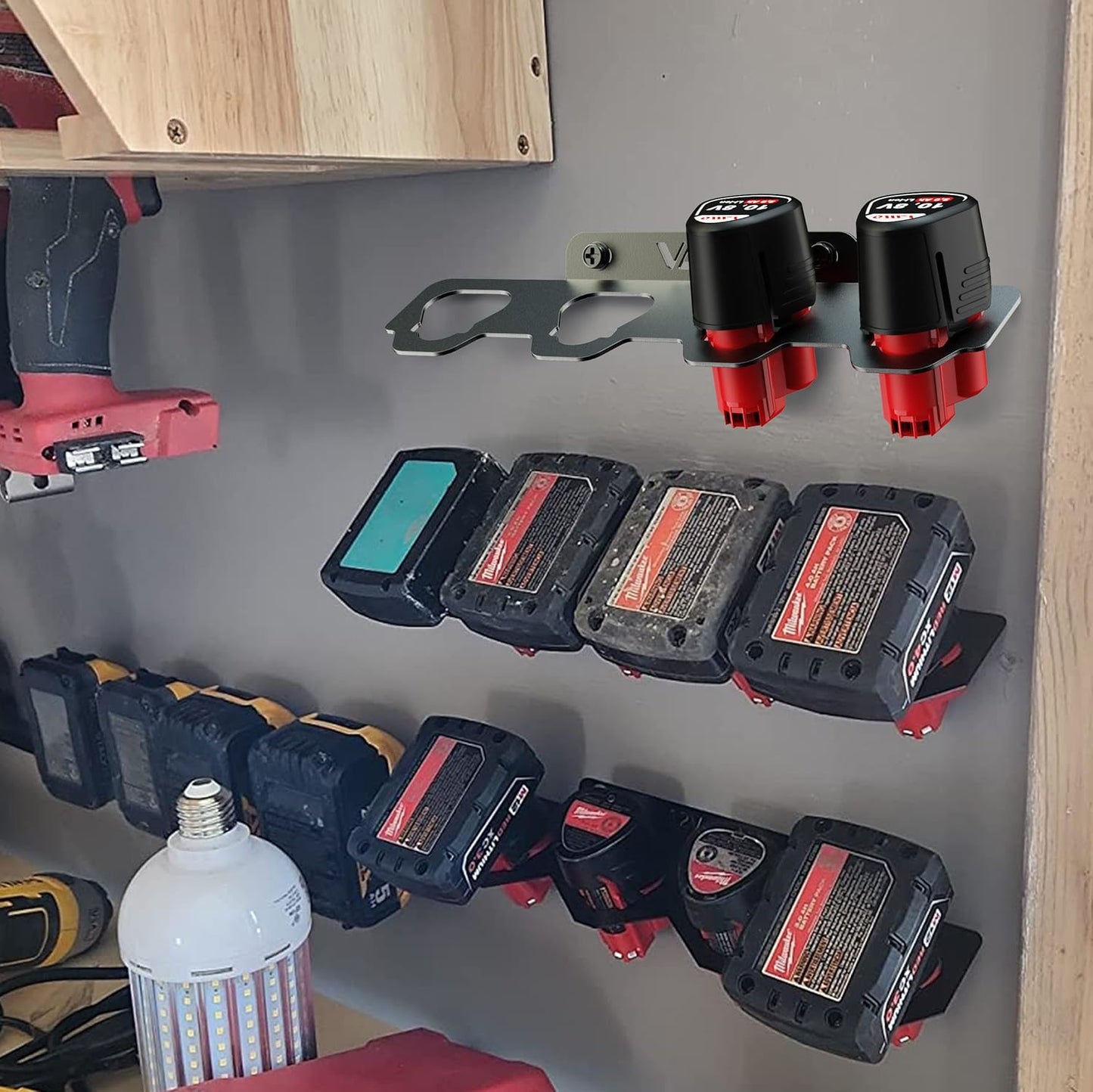VAIIO Compatible Milwaukee M12 12V Battery Rack Holder, Wrought Iron Heavy Duty Thickened Batteries Slots, Stealth Battery Wall Mount Organizer Garage Storage,Workshops,Shelves,Case New Battery Dock