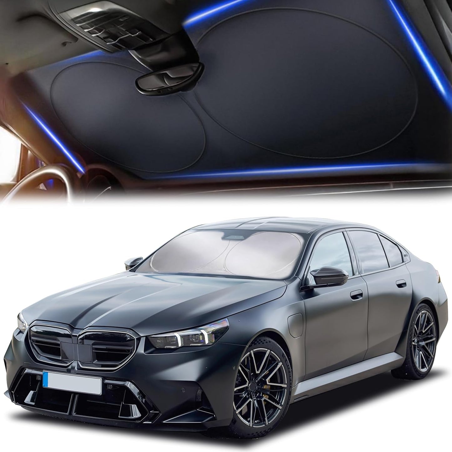 Windshield Sun Shade for Car, SUV & Truck – Patented Design Blocks 99% UV Rays & Heat | 240T Reflective Polyester Sunshade with Storage Bag | Keeps Vehicle Interior Cool | Universal Fit S(59" x 29")