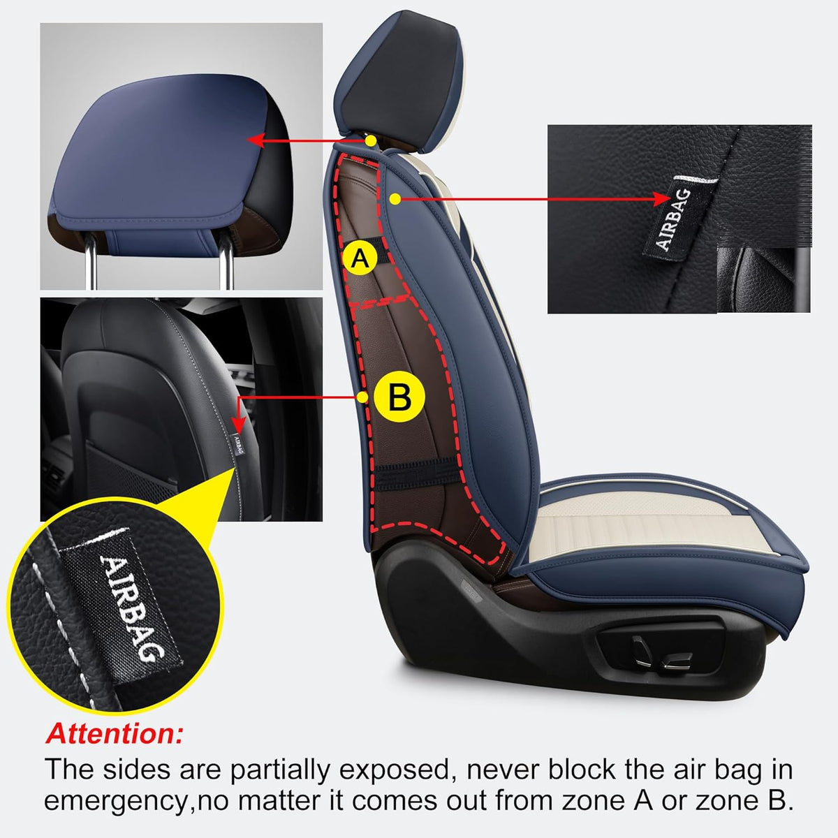LINGVIDO Car Seat Covers, Breathable and Waterproof Faux Leather Automotive Seat Covers for Cars SUV Truck Sedan,Universal Anti-Slip Seat Cover with Backrest (Front Seat, White & Blue)