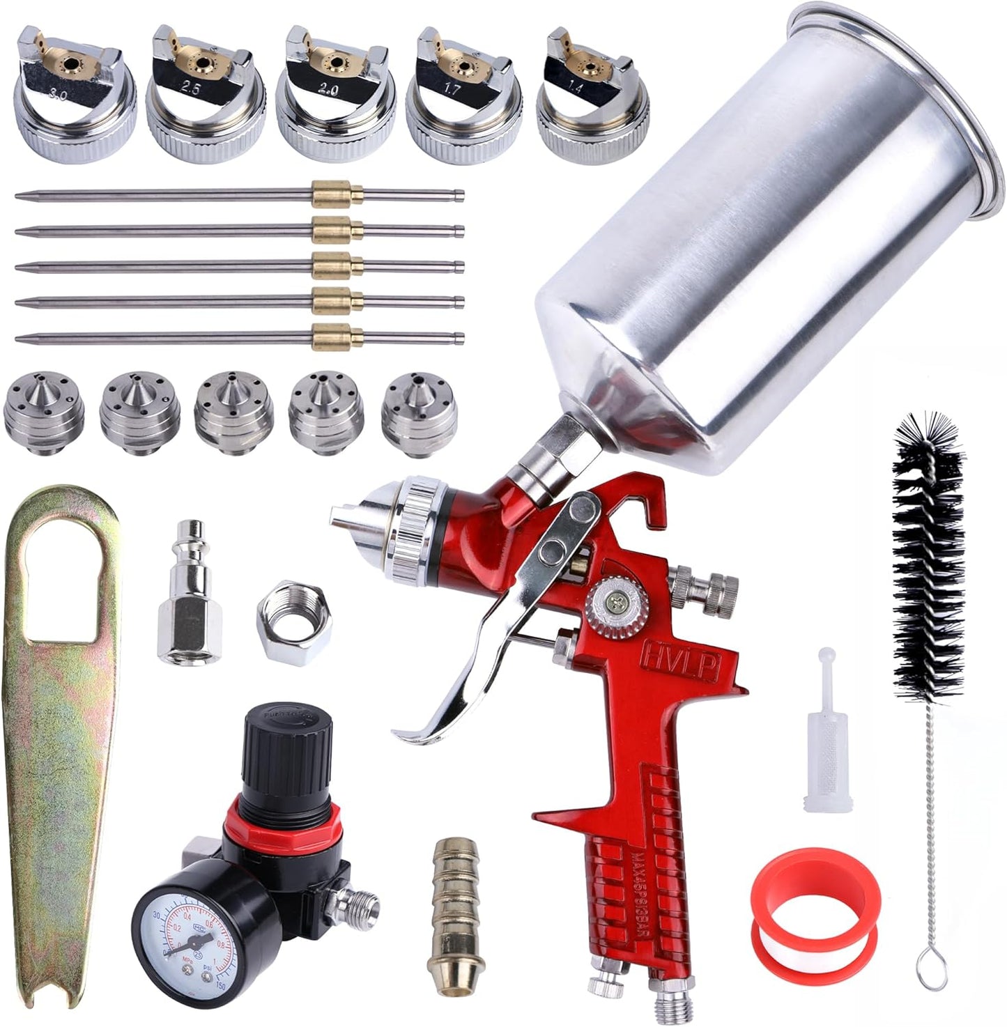 HVLP Spray Paint Gun, Automotive Gravity Feed Paint Gun Kit with 5 Nozzles,1.4mm 1.7mm 2.0mm 2.5mm and 3.0mm, 1000cc Aluminum Cup, Suitable for Auto Paint, Painting Cars