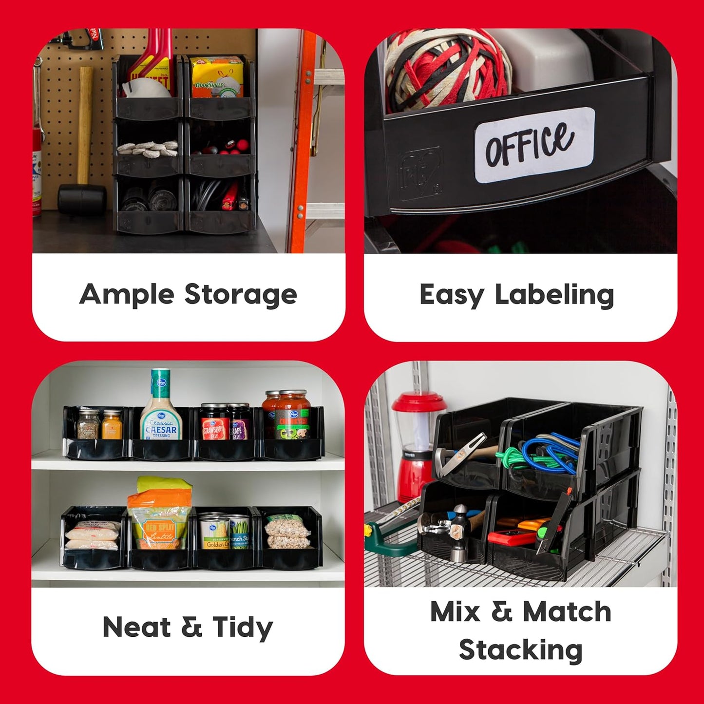 IRIS USA Plastic Shelf Bins Stackable Open Front Storage Bins Plastic Hanging Organizer Bin Caddy Basket for Hardware Crafts, Small Parts, Nuts and Bolts, Tool Storage - Large Black 8 Pack