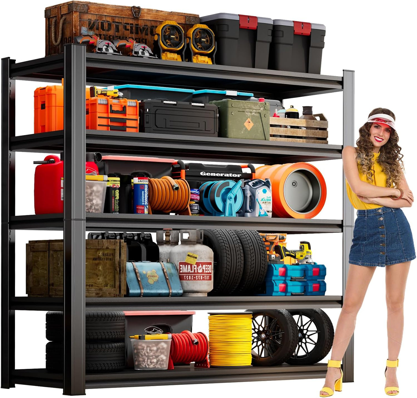 59" H Garage Shelving 3000LBS Capacity Heavy Duty Storage Shelves, Adjustable 5 Tier Metal Industrial Shelf for Kitchen, Utility Room, Warehouse and Basement,14" Dx32 Wx59 H, Black