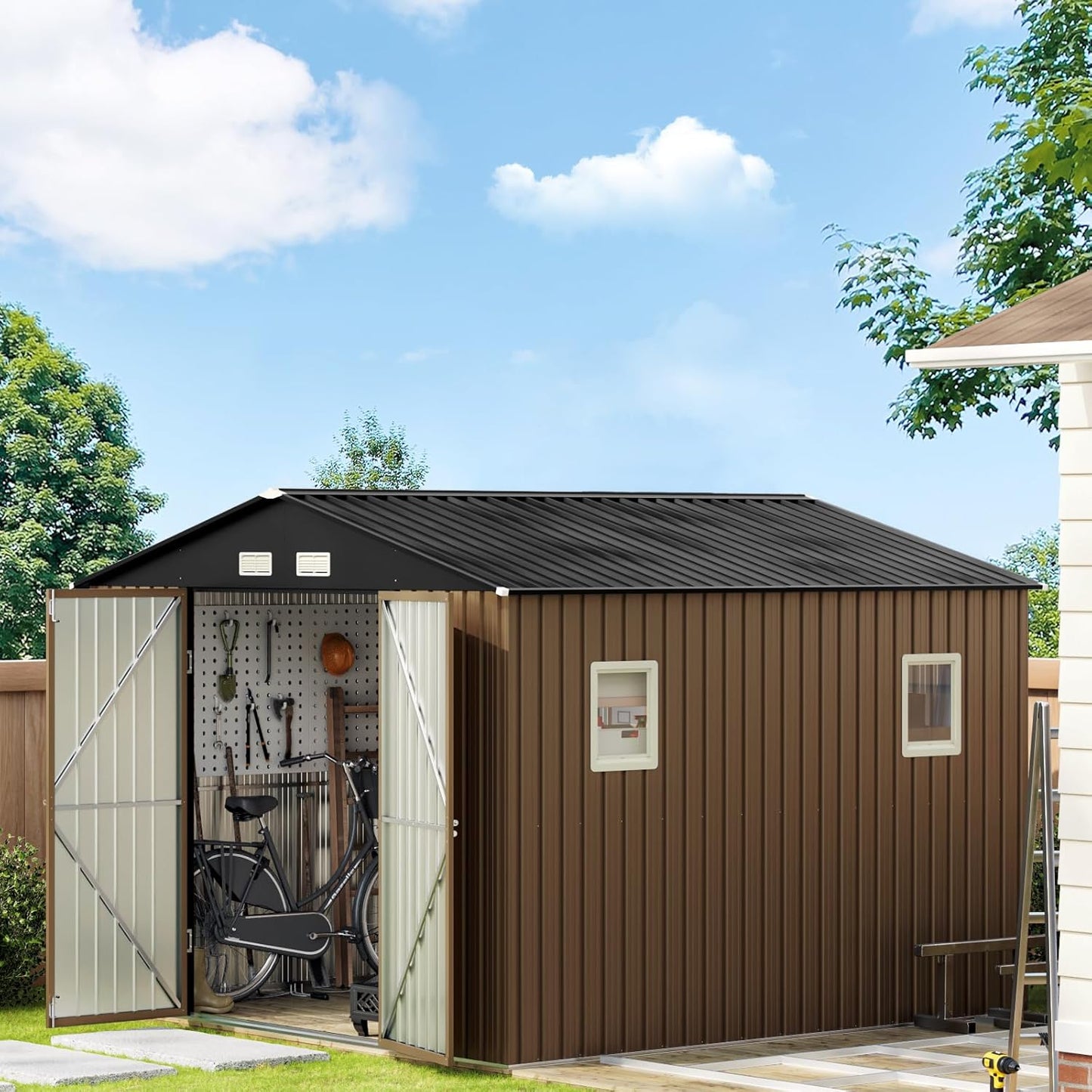 10X10X7.5 FT Outdoor Steel Storage Shed with Lockable Doors, 2 Windows, Metal Frame Floor (Wood Panels Not Included), Ideal for Backyard, Patio Storage,Chicken Coop, Brown