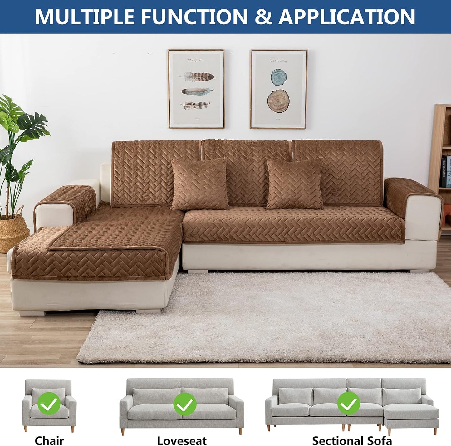 Eismodra Couch Cover,Sectional Couch Covers,Sofa Covers for 3 Cushion Couch,Anti-Slip Sofa Slipcovers for Dogs Cats Kids Loveseat Recliner L Shaped Armrest Backrest,Brown 36''x82''(Only 1 Piece)