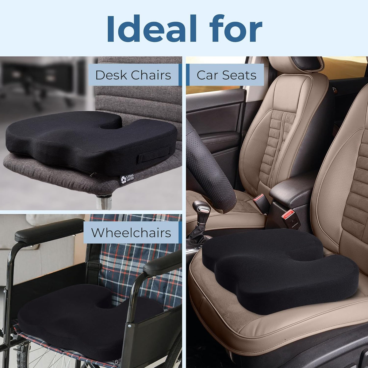 5 STARS UNITED Seat Cushion for Tailbone Pain Relief – Large Memory Foam Lifting Pillow for Coccyx, Hip, Sciatica & Post-Surgery Recovery – Wheelchair, Car, Desk, Gaming & Office Chairs, Light Gray