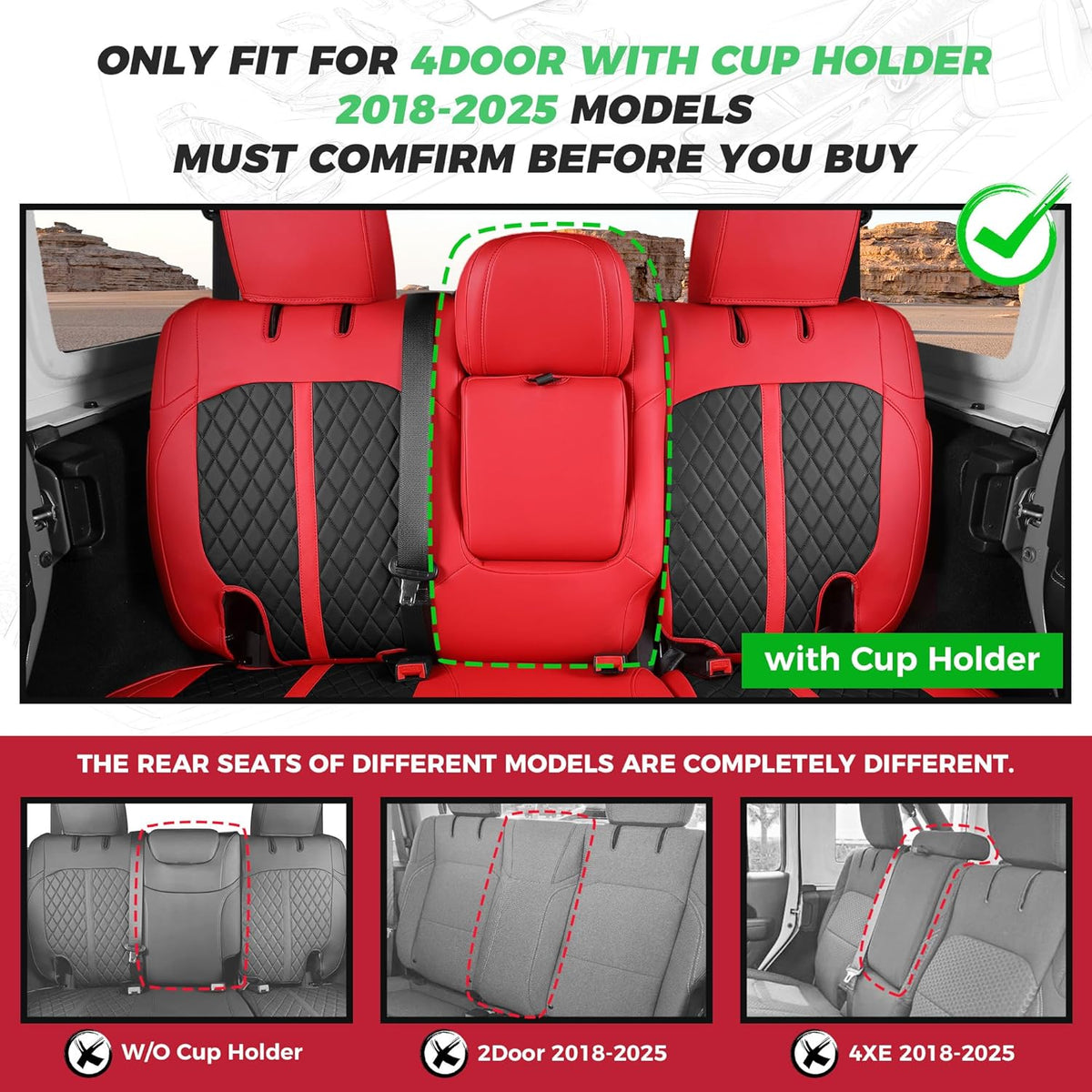 for Jeep Wrangler Seat Covers 4Door JL 2018 2019 2020 2021 2022 2023 2024 2025, Custom Fit Car Seat Cover Full Set, Luxury Waterproof Leather Seat Protectors, Red Black, with Rear Cup Holder