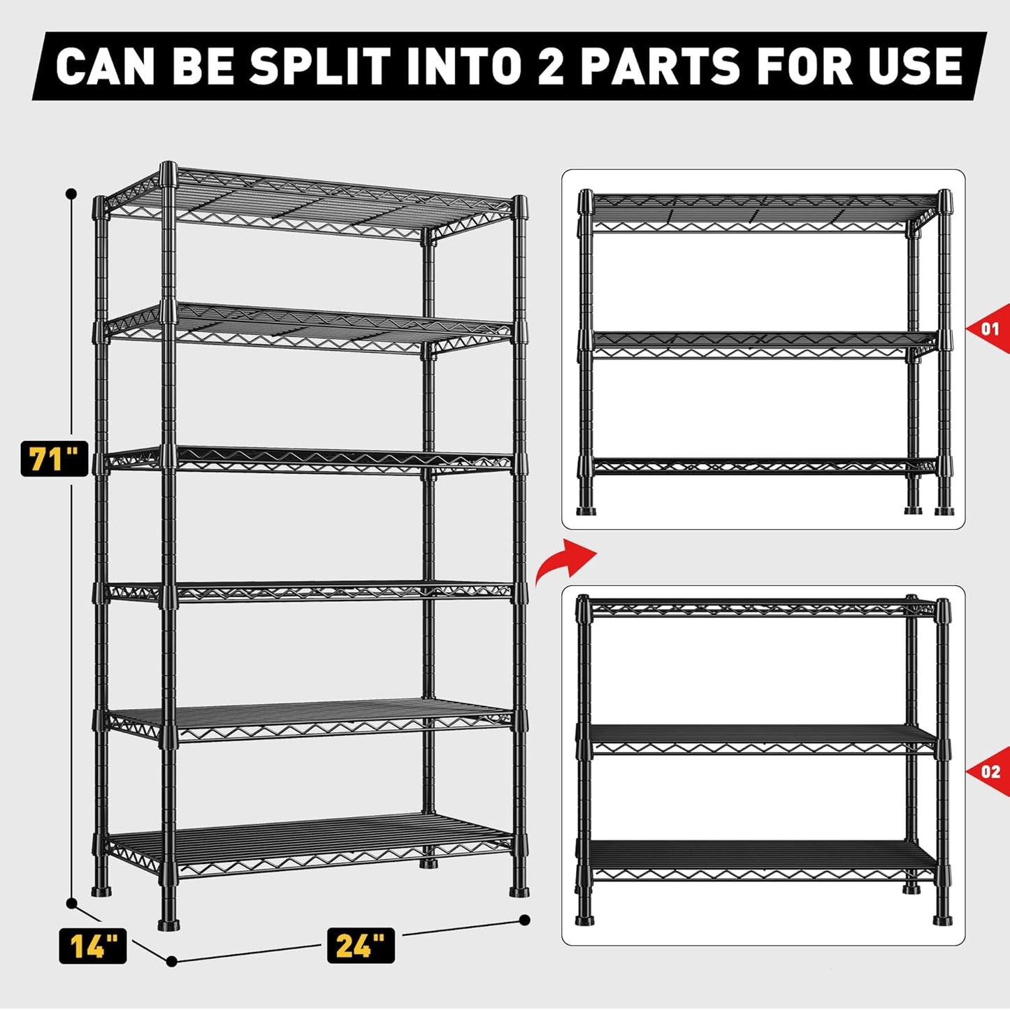 REIBII 6-Tier Storage Shelves Metal Shelving for Storage Load 1000 LBS,Wire Shelves Heavy Duty Shelving Unit Adjustable Pantry Shelf Bathroom Kitchen Garage 24" W x 14" D x 71" H, Black