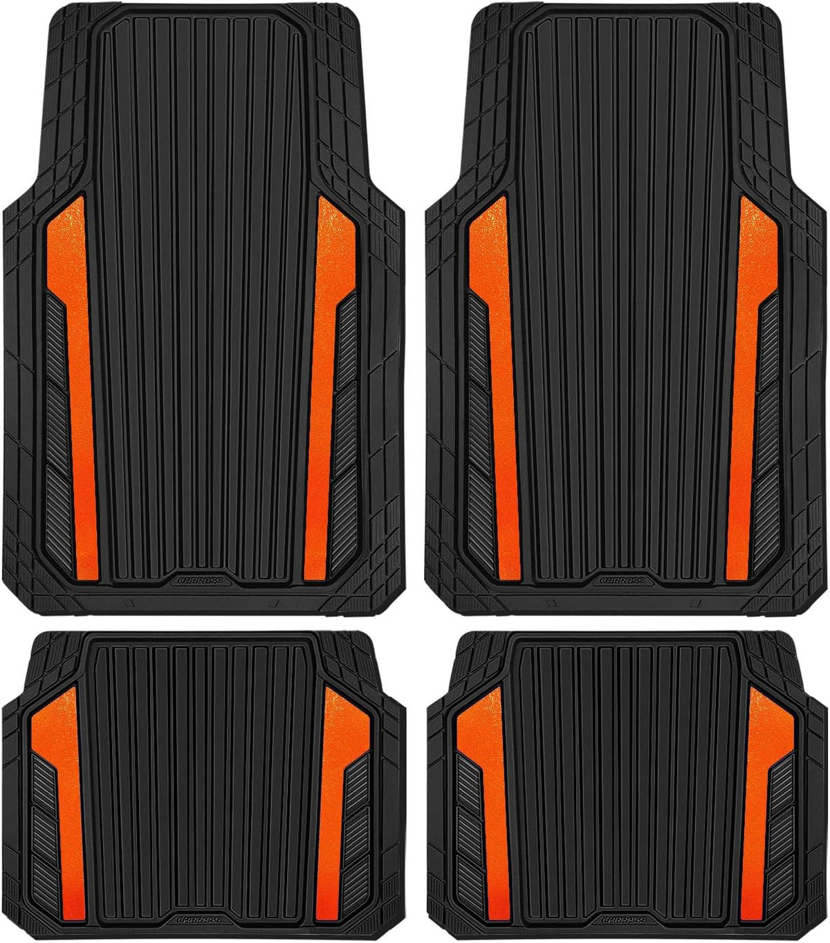 CAR PASS Heavy Duty Rubber Car Mats Metallic, Aluminum Film All Weather Floor Mats Waterproof Universal Trim to Fit SUVs Sedans Vans 4 Piece Anodized Deep Dish Two-Tone Sporty Black Orange Chrome
