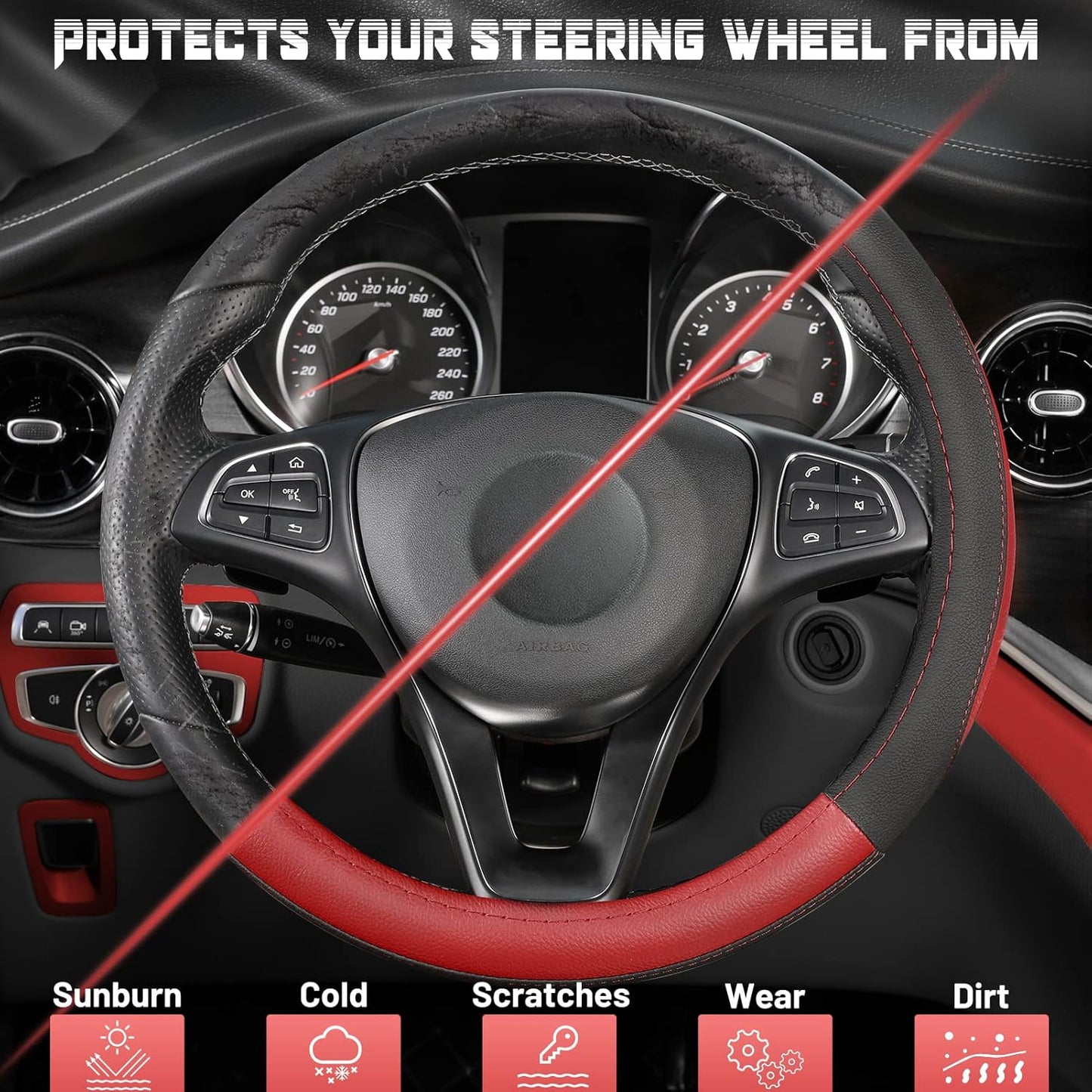 SEG Direct Car Steering Wheel Cover for Prius Civic Model 3 Model Y Camaro, Small Size 14-14.25 inch, Black and Red Microfiber Leather